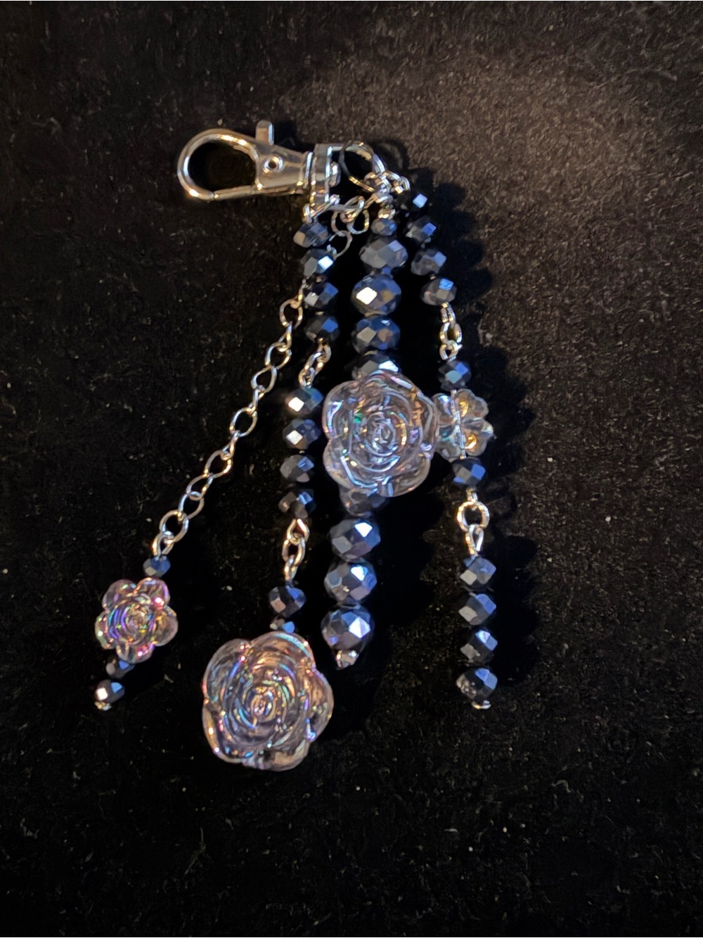 Iridescent Navy and Rose Bead Tassel Keychain / Bag Bling